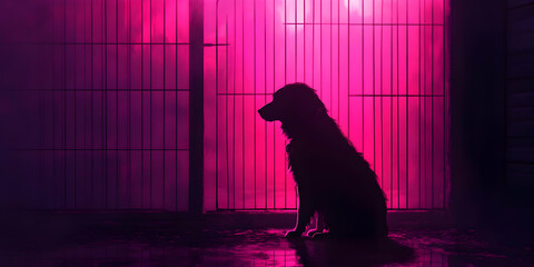Poster - A silhouette of a dog against a vibrant pink background, evoking a moody atmosphere.