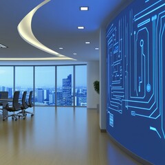 Poster - Modern office interior with city view and tech wall.