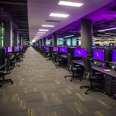 Poster - Modern office interior with rows of computer workstations, purple lighting, and gray carpet.