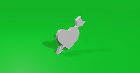 Poster - Isolated realistic white cupid arrow symbol front view with shadow. 3d illustration on green chroma key background