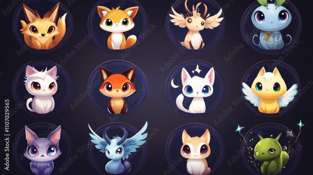 Round animal character game avatars design. Set of cute borders with ...