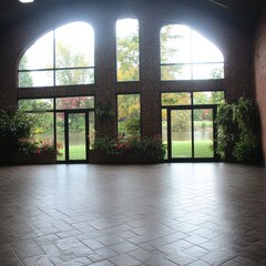 Canvas Print - Sunlit interior with large arched windows overlooking a tranquil pond and autumn foliage.