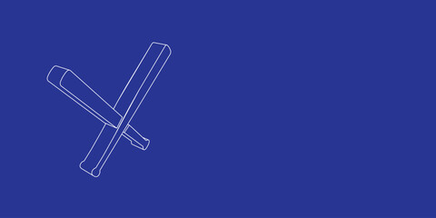 Poster - The outline of a large baseball bats symbol made of white lines on the left. 3D view of the object in perspective. Vector illustration on indigo background