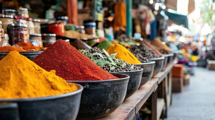 Vibrant spice market scene local bazaar food photography busy urban environment close-up view culinary exploration