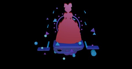 Poster - Red princess symbol on a pedestal of abstract geometric shapes floating in the air. Abstract concept art with flying shapes in the center. 3d illustration on black background