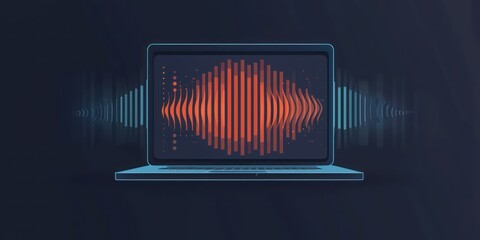 Wall Mural - A modern, flat design of a webinar icon featuring a laptop and sound waves to represent online communication.