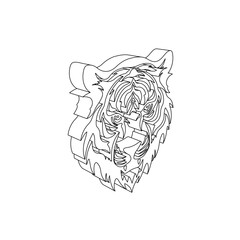 Poster - The outline of a large tiger head symbol is made with black lines. 3D view of the object in perspective. Vector illustration on white background