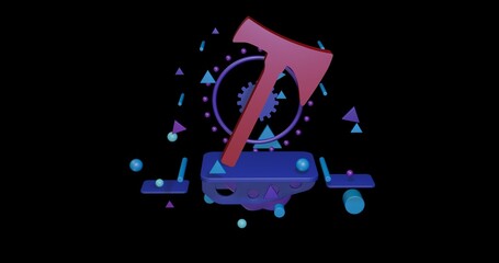 Poster - Red axe symbol on a pedestal of abstract geometric shapes floating in the air. Abstract concept art with flying shapes in the center. 3d illustration on black background