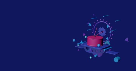Poster - Pink drum symbol on a pedestal of abstract geometric shapes floating in the air. Abstract concept art with flying shapes on the right. 3d illustration on indigo background