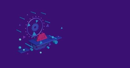 Poster - Pink printed circuit board on a pedestal of abstract geometric shapes floating in the air. Abstract concept art with flying shapes on the left. 3d illustration on deep purple background