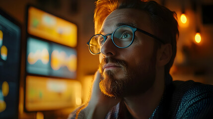 Poster - A thoughtful individual gazes at multiple screens, immersed in work or creativity.