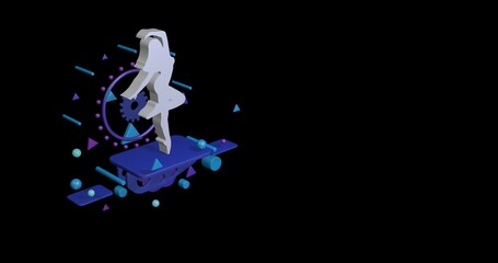 Poster - White ballerina symbol on a pedestal of abstract geometric shapes floating in the air. Abstract concept art with flying shapes on the left. 3d illustration on black background