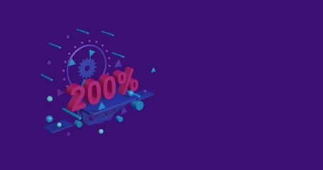 Poster - Pink 200 percent symbol on a pedestal of abstract geometric shapes floating in the air. Abstract concept art with flying shapes on the left. 3d illustration on deep purple background