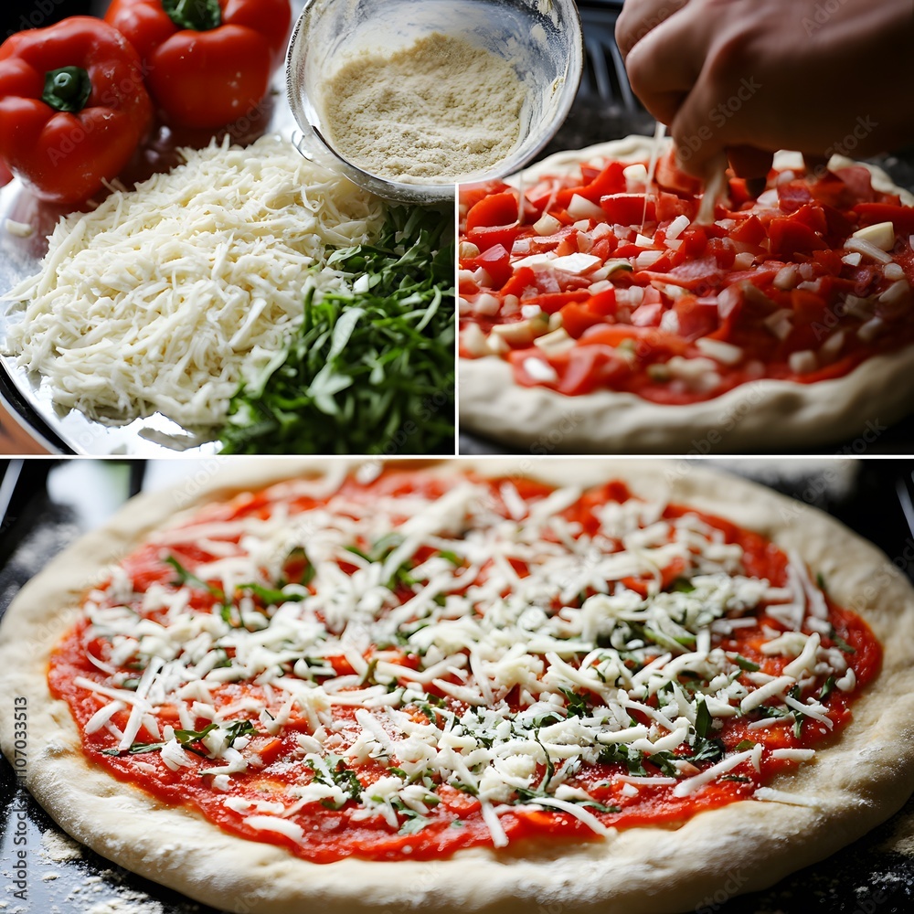 Step-by-step process of making a homemade pizza, from dough to toppings ...