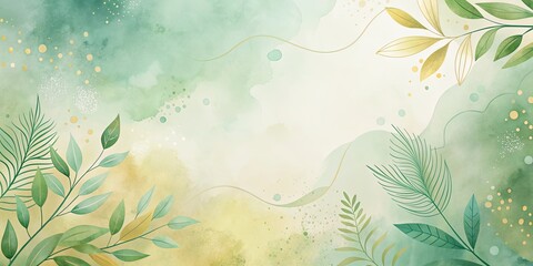 Wall Mural - Serene Green and Gold Watercolor Botanical Background with Abstract Shapes