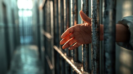 Prisoner's hand reaching through bars correctional facility captivating image dimly lit environment close-up view freedom concept