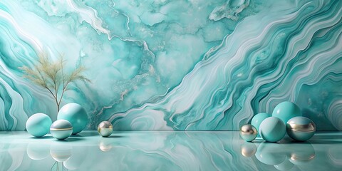 Wall Mural - Serene Aqua Spheres and Minimalist Plant Decor Against a Swirling Teal Marble Background