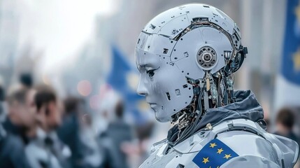 Poster - Robotic demonstration of ai technology urban city futuristic image crowded environment profile view human-ai interaction