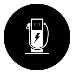 Poster - A electric charging station symbol in the center. Isolated white symbol in black circle. Illustration on transparent background
