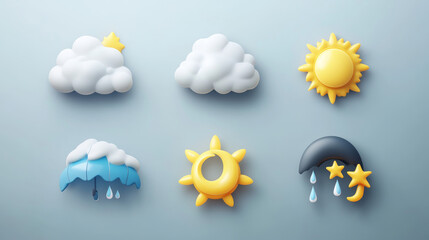 3d render weather icons set, sun shining, black or white clouds, lightning and snowflake. raindrop, 