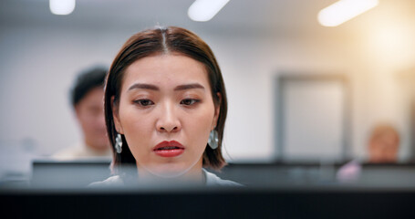 Aufkleber - Serious woman, business and computer for reading, planning or thinking in creative startup. Japanese person, office and inspiration for project, news publication and journalist proofreading article