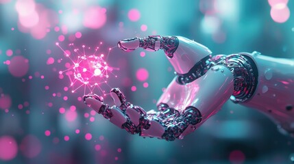 Poster - Futuristic technology interaction robotic hand engaging with digital particle virtual environment close-up perspective innovation