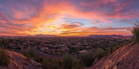 Wall Mural - A panoramic view of a sky filled with shades of orange and pink during sunset, capturing the beauty of twilight.