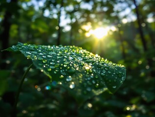 Fototapete - Dew-kissed leaf, bathed in morning sunlight.