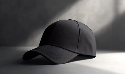 Wall Mural - A Black Baseball Cap Rests on a Gray Surface