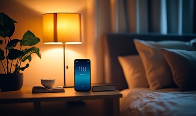 Aufkleber - A cozy bedside scene with a lamp, phone, and cup on a table.