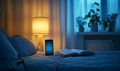 Poster - A cozy bedside scene with a phone, lamp, and an open book.
