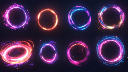 Poster - Neon light circle halo with overlay effect on transparent background. Realistic 3d vector illustration set of glow ring and vortex. abstract circular bright flare with sparkle. Luminous radial portal.