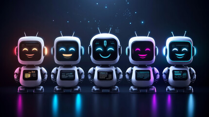 Poster - Cute friendly robot with different face emotions on digital screen. Realistic 3d vector illustration set of ai chat bot character for support service. Virtual assistant artificial intelligence mascot.