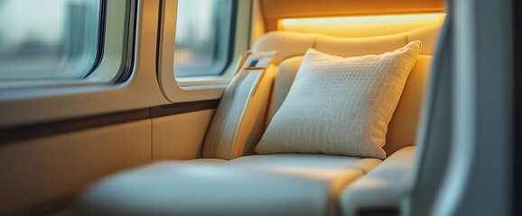 Aufkleber - A cozy seat with a pillow, illuminated by warm light.