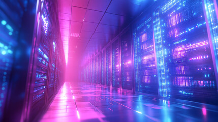 Poster - Abstract data center room with bright neon blue and pink light glowing server blocks. Realistic 3d vector illustration of tunnel with digital information and database warehouse super computer.