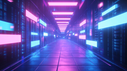 Poster - Abstract data center room with bright neon blue and pink light glowing server blocks. Realistic 3d vector illustration of tunnel with digital information and database warehouse super computer.