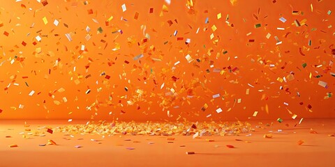 Wall Mural - celebration scene with falling confetti and pile on orange floor