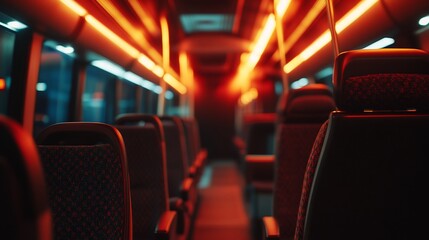 Aufkleber - A dimly lit bus interior with glowing orange lights and empty seats.
