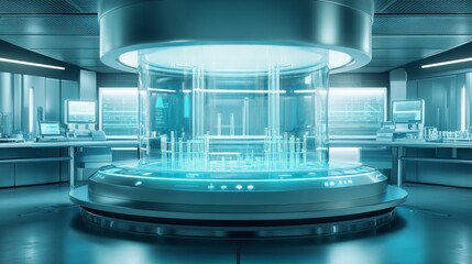 Poster - Futuristic laboratory with a glowing holographic display and advanced technology.