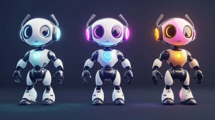 Poster - Cute ai robot character futuristic cartoon set. Artificial intelligence mascot design with emotions expression. Isolated angry, surprised, tired and happy face cyber bot companion clipart for game