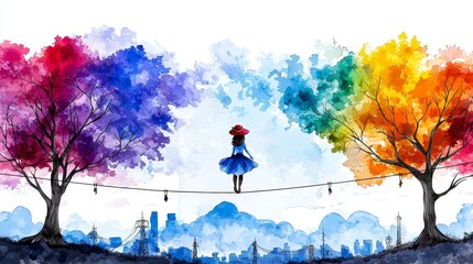 Wall Mural - A girl in a colorful dress balances on a wire between vibrant trees, surrounded by a dreamy landscape of mountains and a city skyline.