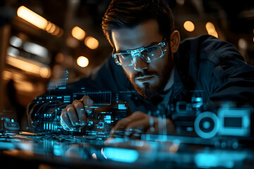 Aufkleber - A focused individual examines holographic technology elements in a high-tech environment.