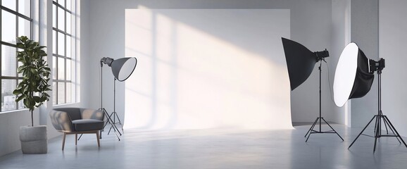 Poster - A minimalist photo studio setup with lighting and a backdrop.