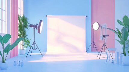 Poster - A modern photography studio setup with lights and backdrop.