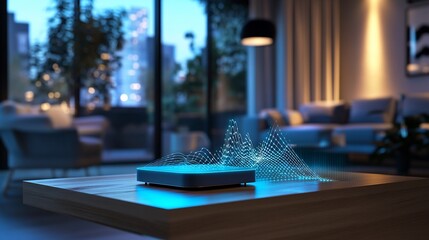 Poster - A modern device emitting sound waves in a stylish living room.