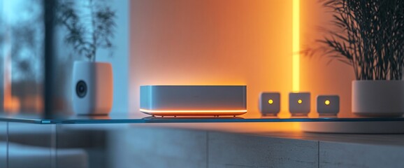 Poster - A modern smart home device with ambient lighting on a sleek shelf.