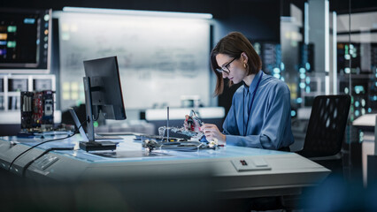 Aufkleber - Portrait of Female Specialist Soldering a Circuit Board in a Technologically Advanced Company. Focused Female Engineer Working on a Project, Testing Theory in a Manufacturing Research Facility