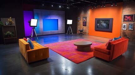 Poster - A modern studio setup with colorful walls and seating for filming.