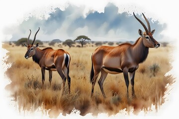 roan antelope in the grasslands of africa in watercolor style
