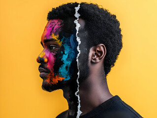 Poster - A portrait of a man with vibrant paint on one side of his face, symbolizing duality.